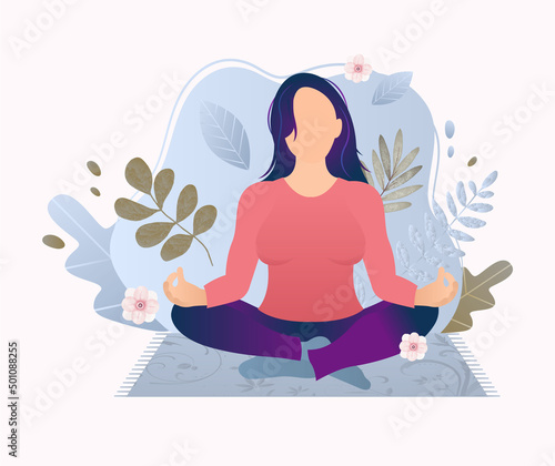 Vector woman meditating and relaxing. Peaceful girl sitting in lotus pose. Girl doing choose. Сoncept of success, peace, harmony, brainstorm.