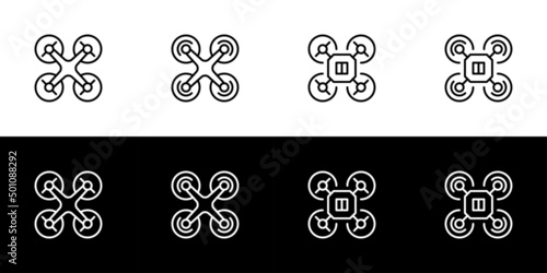 Quadcopter drone icon set. Flat design icon collection isolated on black and white background.