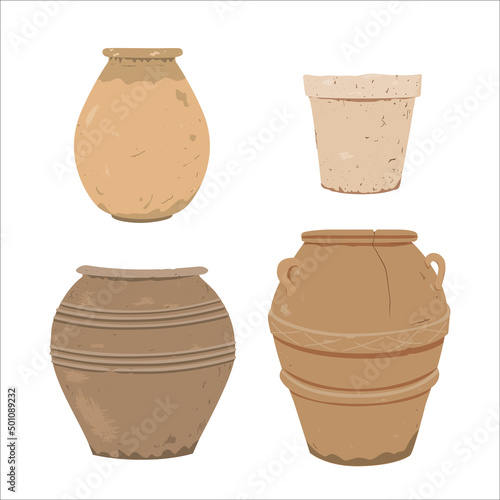 Old clay pot. Antique terracotta pottery, design element for home or patio decor. Vector illustration isolated on white