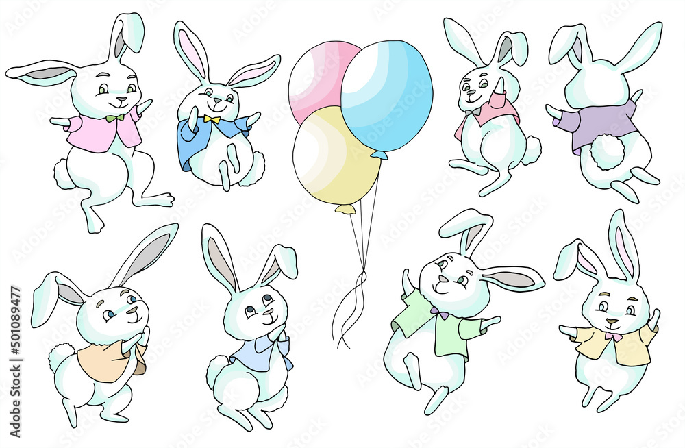 Design doodle set with cheerful and happy funny rabbits flying on balloons isolated on white background. Colorfulvector illustration, Easter spring and animal of the year 2023 concept. Design doodle set with cheerful and happy funny rabbits flying on balloons isolated on white background. Colorfulvector illustration, Easter spring and animal of the year 2023 concept.
