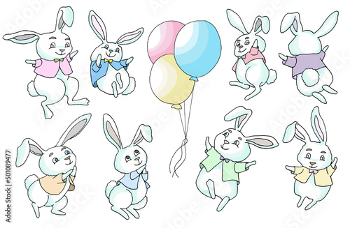 Design doodle set with cheerful and happy funny rabbits flying on balloons isolated on white background. Colorfulvector illustration  Easter spring and animal of the year 2023 concept. 