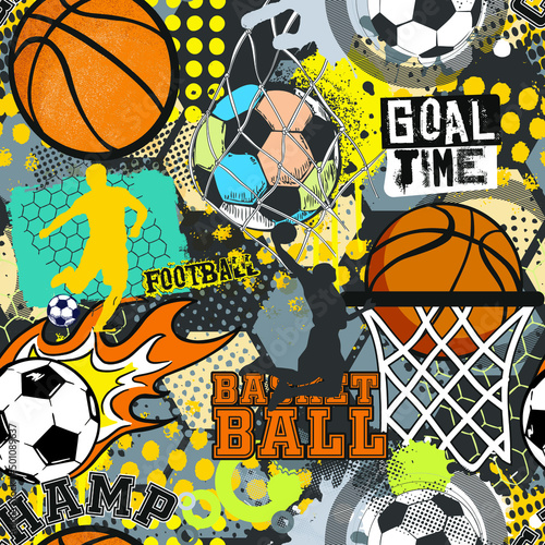 Seamless sport pattern with balls. Repeated backdrop for fashion clothes, t shirt, child, paper. Creative grunge design isolated on white