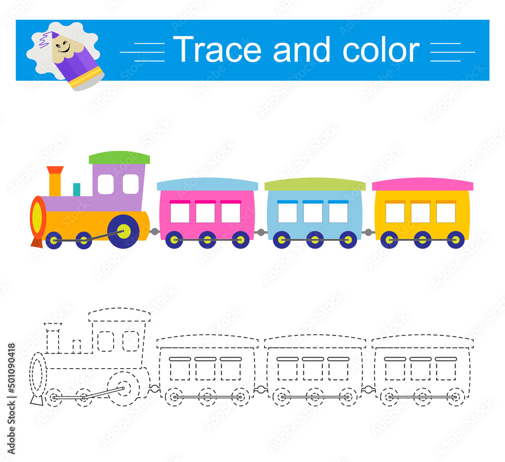 Trace and color for children. The train, vector. Preschool worksheet for practicing fine motor skills. Flat design