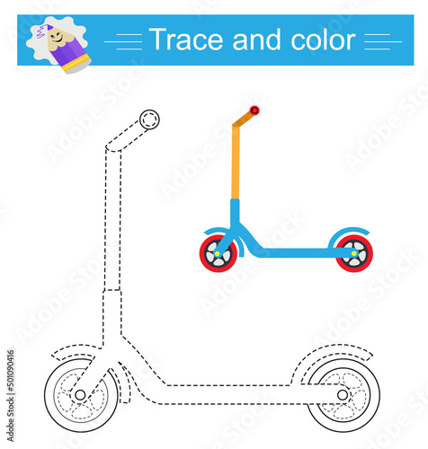 Trace and color for children, scooter vector. Preschool worksheet for practicing fine motor skills. Flat design