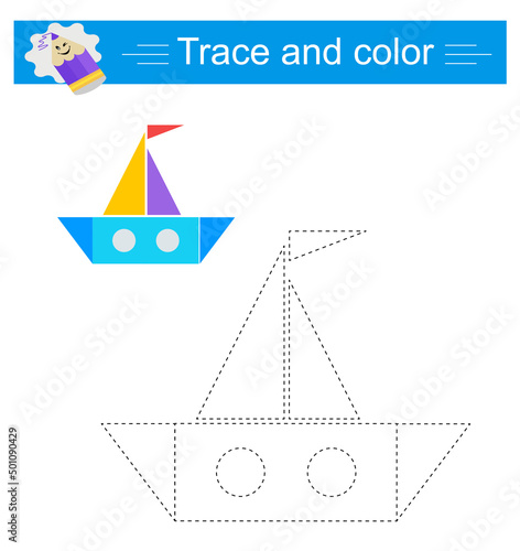 Trace and color for children. The boat, vector. Preschool worksheet for practicing fine motor skills. Flat design