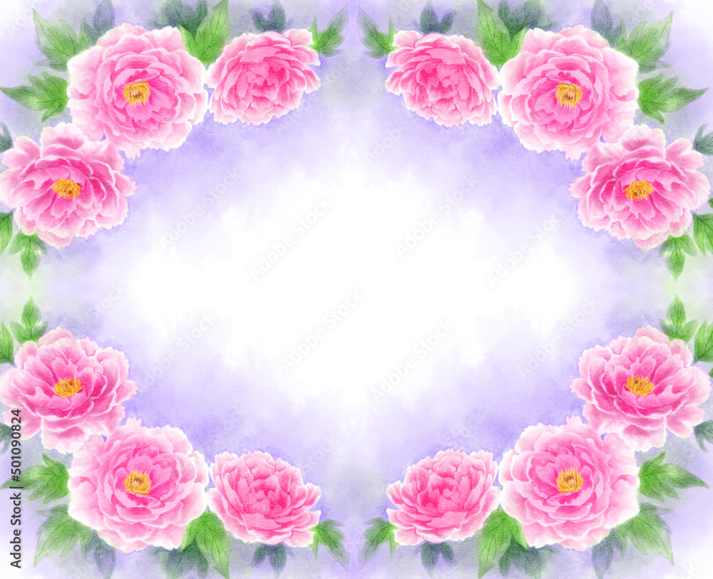Many peony frames drawn in digital watercolor (light purple background)