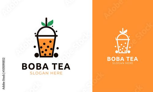 Bubble tea logo with pearl and leaf icon for drink label