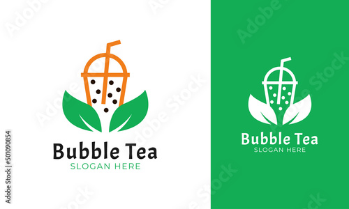 Bubble tea logo design with leaf icon for milk tea drink label