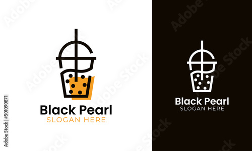 Bubble tea logo with black pearl icon