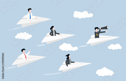 Business leadership, power to lead employees to achieve target, vision to see opportunity for team concept. Businessman boss flying paper plane leading teammate planes to right direction.