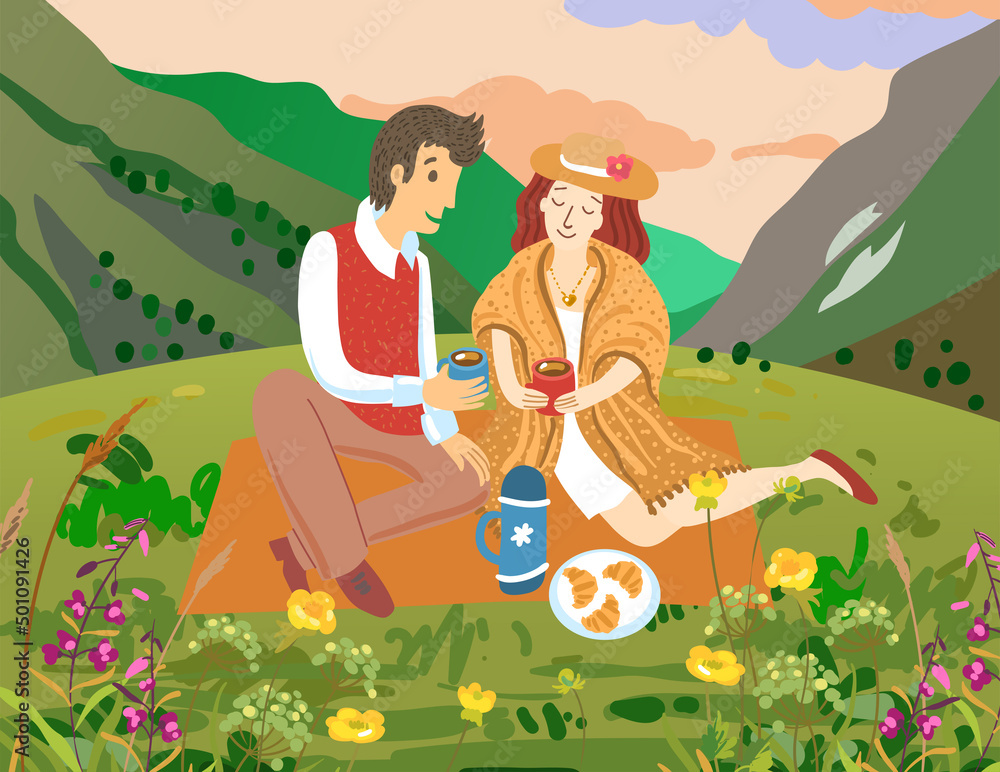 Fototapeta premium Loving couple in the mountains. Man and woman in mountains landscape.