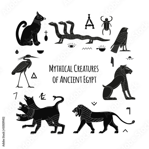 Egyptian mythological animals. Ancient gods and creatures. Lion, Cerberus, Egyptian writing and symbols. A set of flat vector elements