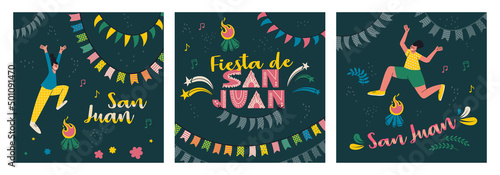 Set of designs for postcards or posters for celebration of Saint Juan. Text in Spanish Fiesta de San Juan (Feast of Saint John). People are jumping over the bonfire, fireworks and decorative flags.