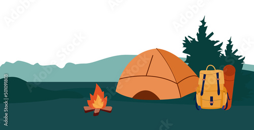 Mountain landscape. Summer camping vector illustration. Tent, fire and nature, editable background