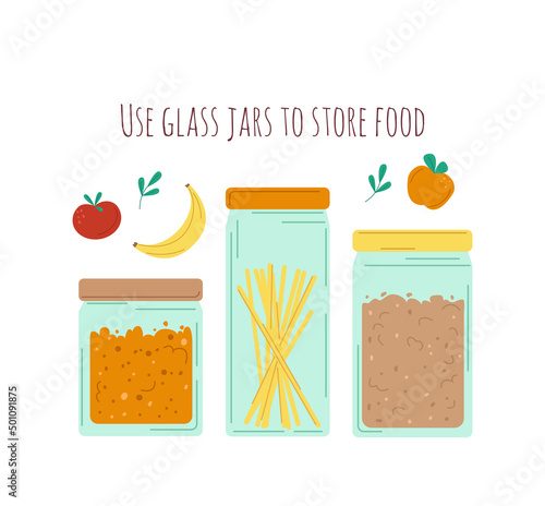 Use glass jars for food instead of plastic. Zero waste. Vector flat illustration on the theme of nature conservation and the environment.