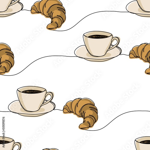 Seamless pattern with cup of tea and croissant on white background. Continuous one line drawing design. Suitable for textile, fabric, wallpaper, wrapping. Vector illustration.