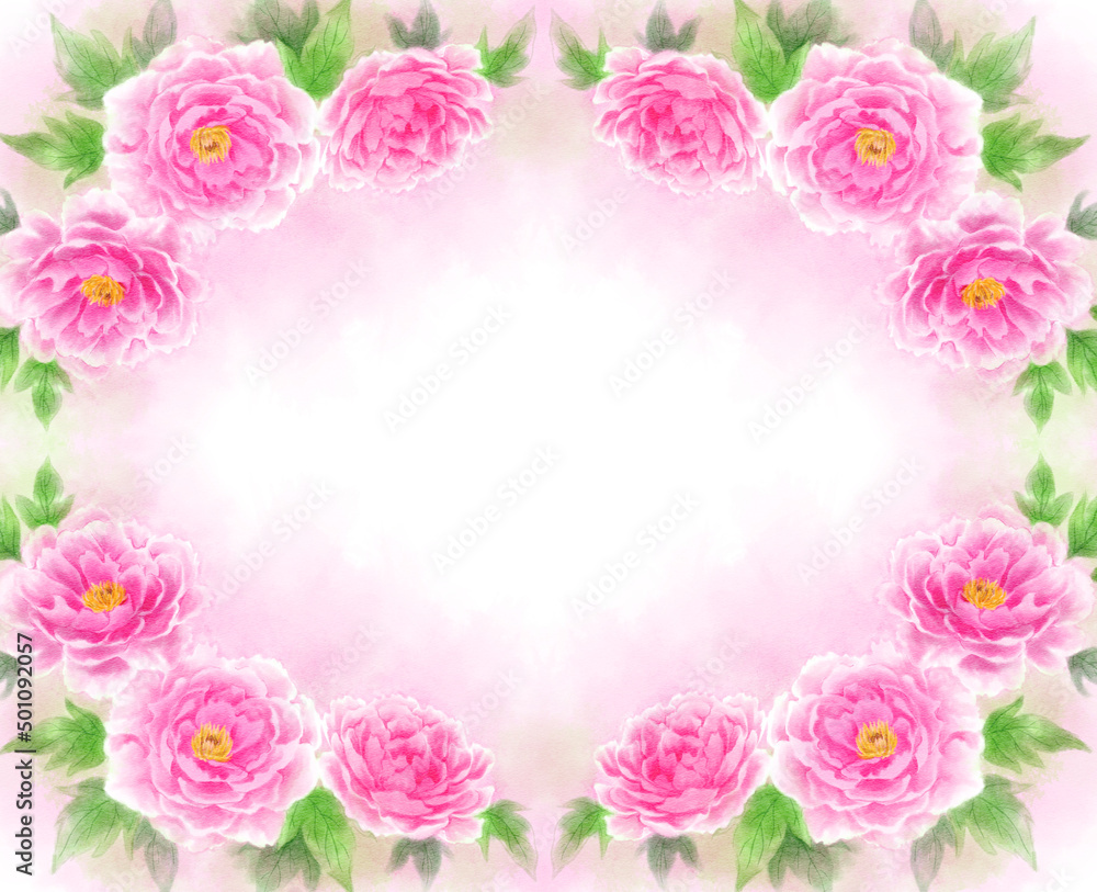 Many peony frames drawn in digital watercolor (pink background)
