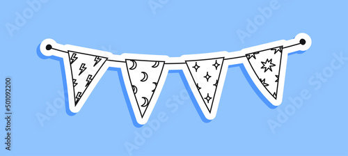Garland sticker of triangular flags with different patterns. Doodle sticker bunting flag with lightning, crescent and stars. Black on white vector illustration of a bunting flag on a string isolated