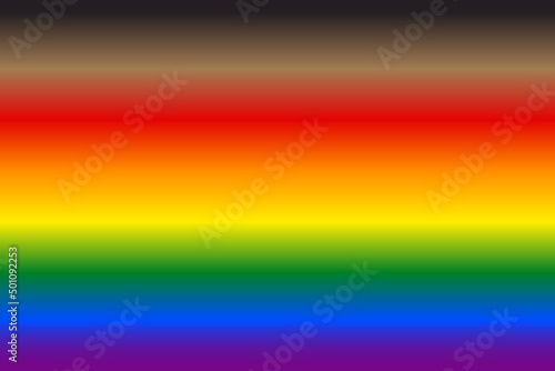New Gay pride LGBTQ flag with black and brown stripes. Rainbow gradient background. Vector illustration