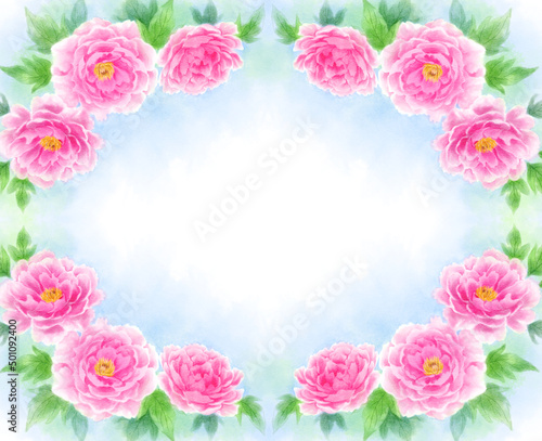 Many peony frames drawn in digital watercolor (light blue background)