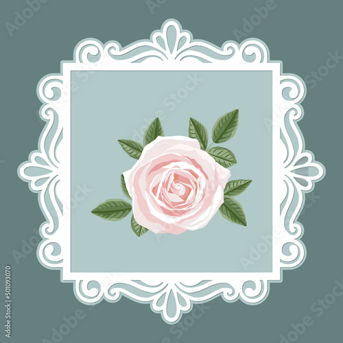 Laser cut square lace frame template. Vintage background with rose flower, vector.