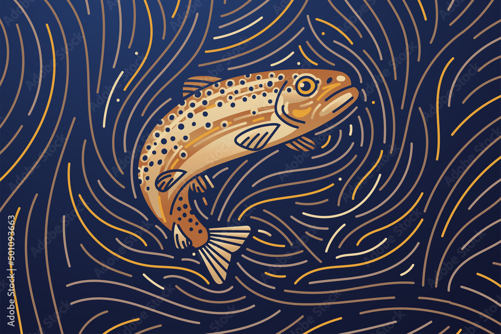 Salmon zodiac sign banner. Dark mode background texture with