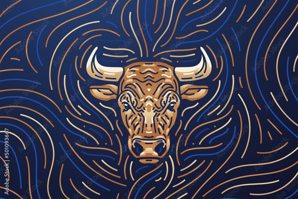 Taurus zodiac sign banner. Dark mode background texture with illustration of a taurus. Vector illustration and decorative elements.