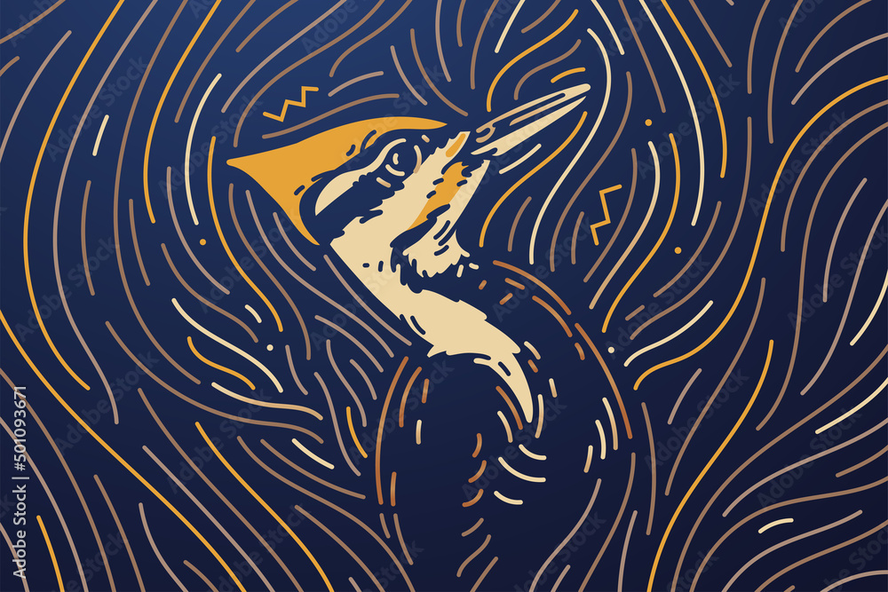 Woodpecker zodiac sign banner. Dark mode background texture with