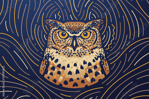 Owl zodiac sign banner. Dark mode background texture with illustration of a owl. Vector illustration and decorative elements.