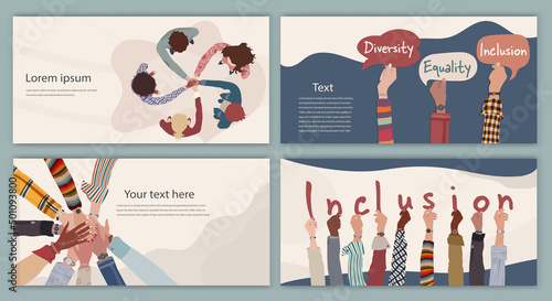Diversity inclusion and equality concept. Group of multicultural men and women. People of diverse cultures forming a circle. Hand up. Editable brochure template flyer leaflet cover poster photo
