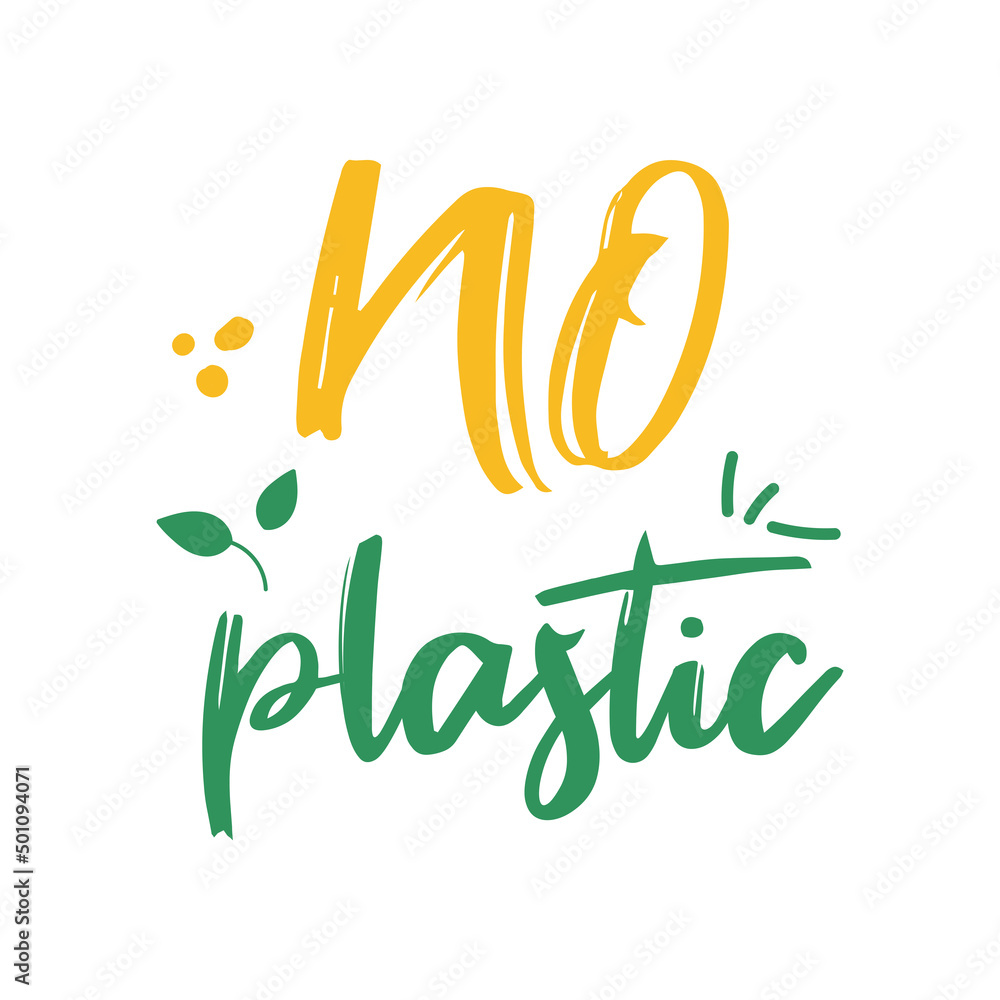 Fototapeta premium No plastic. Green and yellow flat lettering. Zero waste