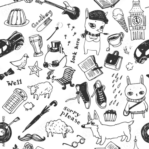 Vector seamless pattern with cute images and symbols of Britain. Hand drawn doodle illustrations. Texture with funny cartoon characters and details of the lifestyle in England.