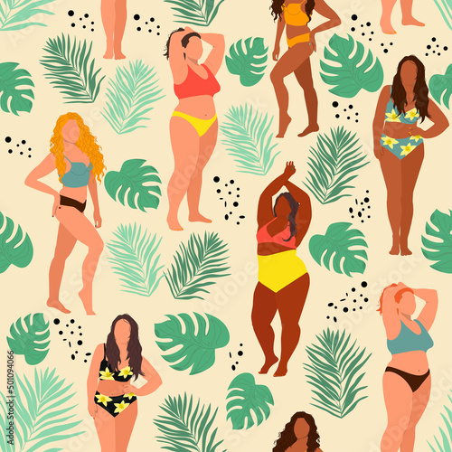 Seamless pattern with women in summer swimsuits and palm leaves. Body positive. Vector illustration