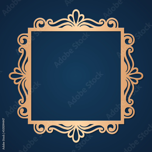 Laser cut square frame, gold decor element, invitation background, vector.