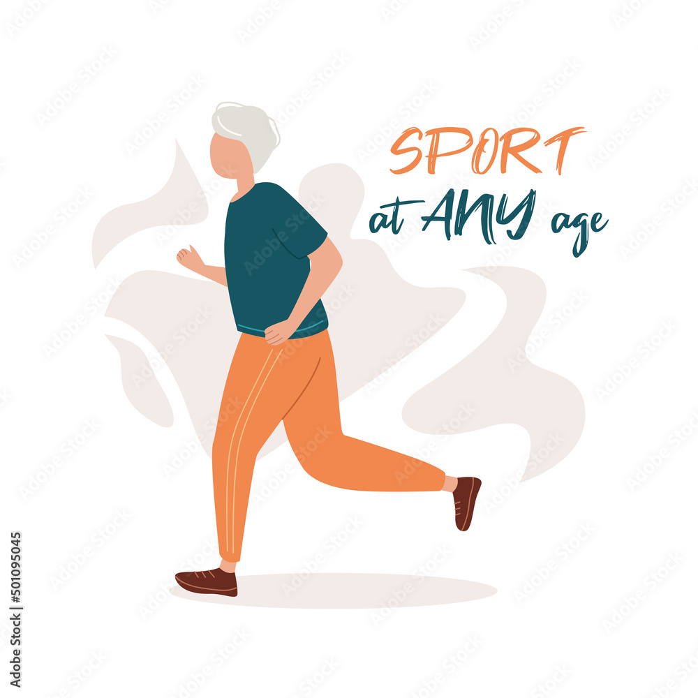 Sports at any age. An elderly man is running. Healthy lifestyle. Grandpa plays sports. Flat vector illustration, banner.