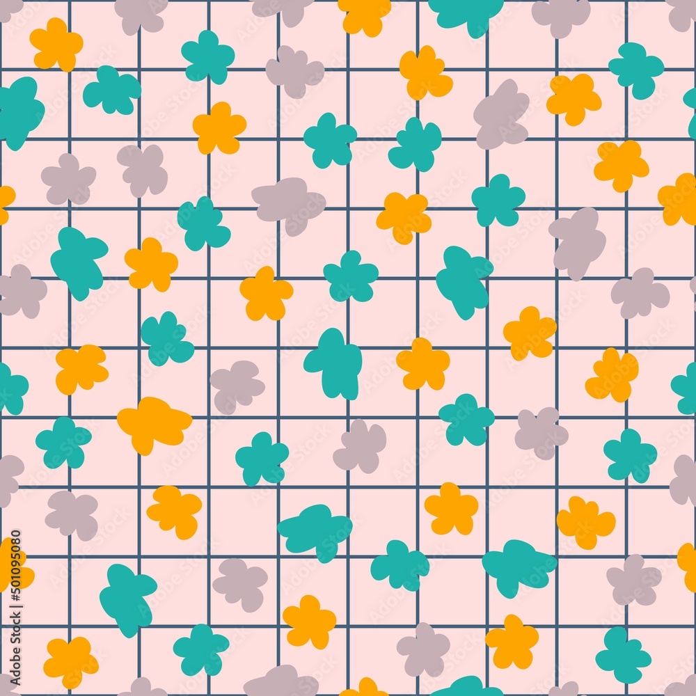 Grid retro seamless pattern with simple flowers in 1970s style. Floral background for T-shirt, poster, card and print. Doodle vector illustration for decor and design. Grid retro seamless pattern with simple flowers in 1970s style. Floral background for T-shirt, poster, card and print. Doodle vector illustration for decor and design.