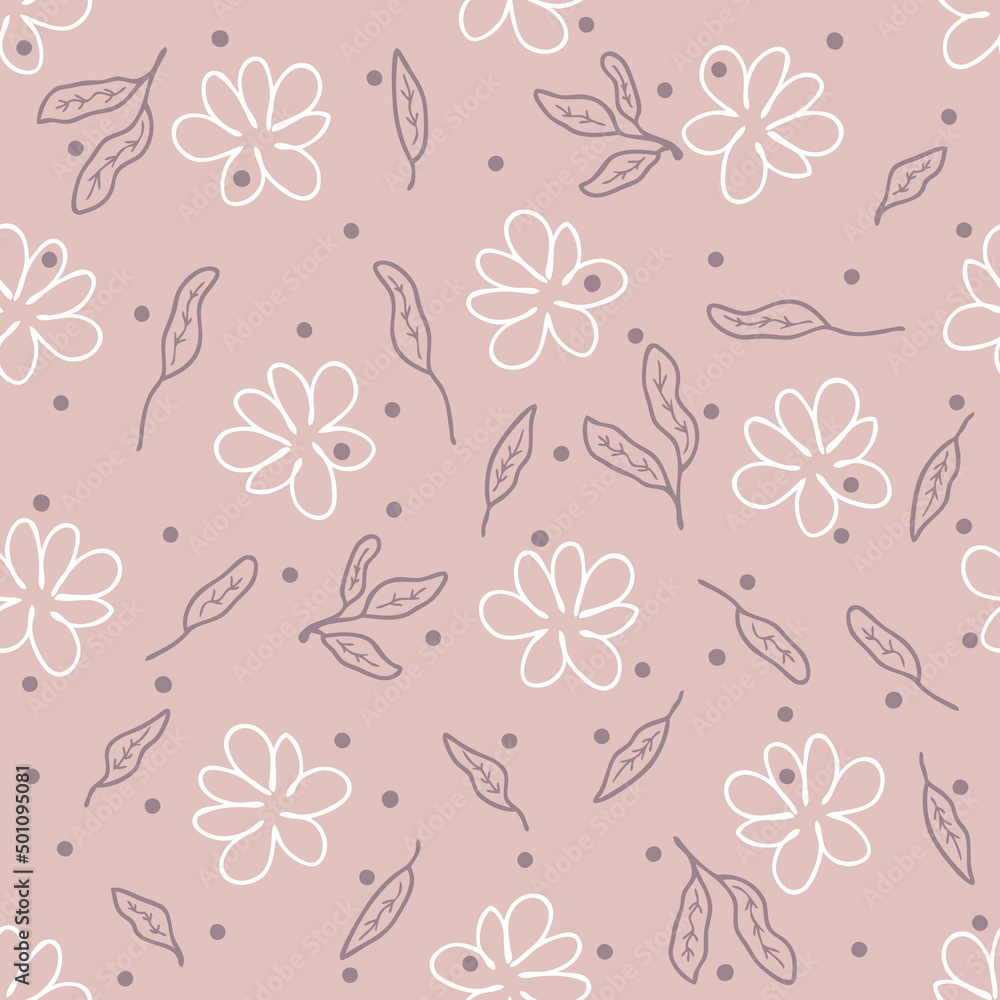 Hand drawn seamless pattern with doodle flowers, leaves and dots. Cute floral print for fabric, paper, stationery. Doodle vector illustration for decor and design.