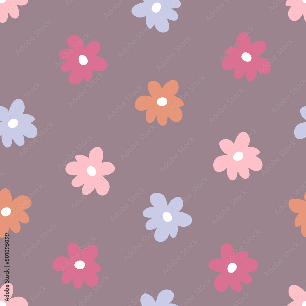 Summer simple seamless pattern with multicolour flowers. Groovy hippie aesthetic print for fabric, paper, T-shirt. Doodle vector illustration for decor and design. Summer simple seamless pattern with multicolour flowers. Groovy hippie aesthetic print for fabric, paper, T-shirt. Doodle vector illustration for decor and design.