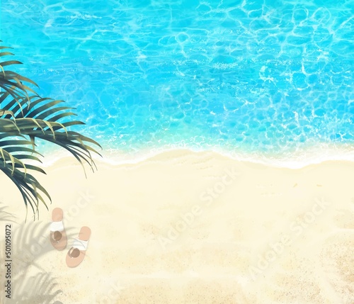 上から見た夏の砂浜とエメラルドグリーンの海の波打ち際にサンダルとヤシのある美しい背景素材