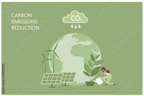 CO2 carbon emissions reduction, earth day. Green alternative energy world with solar panel, wind turbine to reduce carbon emissions and sustainable environment.