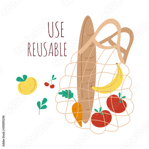 Use fabric bags for groceries. A banner on the topic of zero waste. Fabric mesh bag, reusable items. Rejection of plastic bags. Vector flat elements