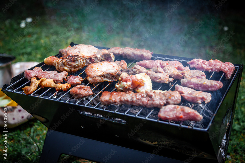 Making barbeque in nature. Barbecue with meat and fire for holidays. Tasty BBQ on picnic day. Making barbeque in nature. Barbecue with meat and fire for holidays. Tasty BBQ on picnic day.
