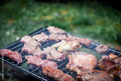 Making barbeque in nature. Barbecue with meat and fire for holidays. Tasty BBQ on picnic day.