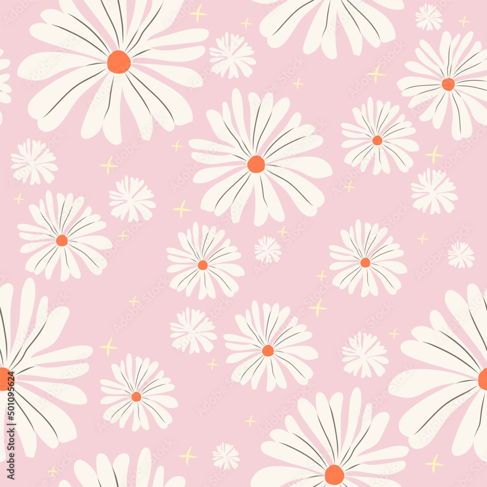 70's cutie hippie daisy seamless pattern. Floral background.