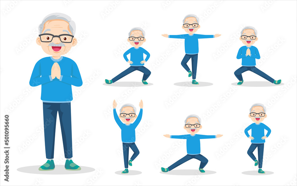 bundle set of elderly man exercise various actions bundle set of elderly man exercise various actions