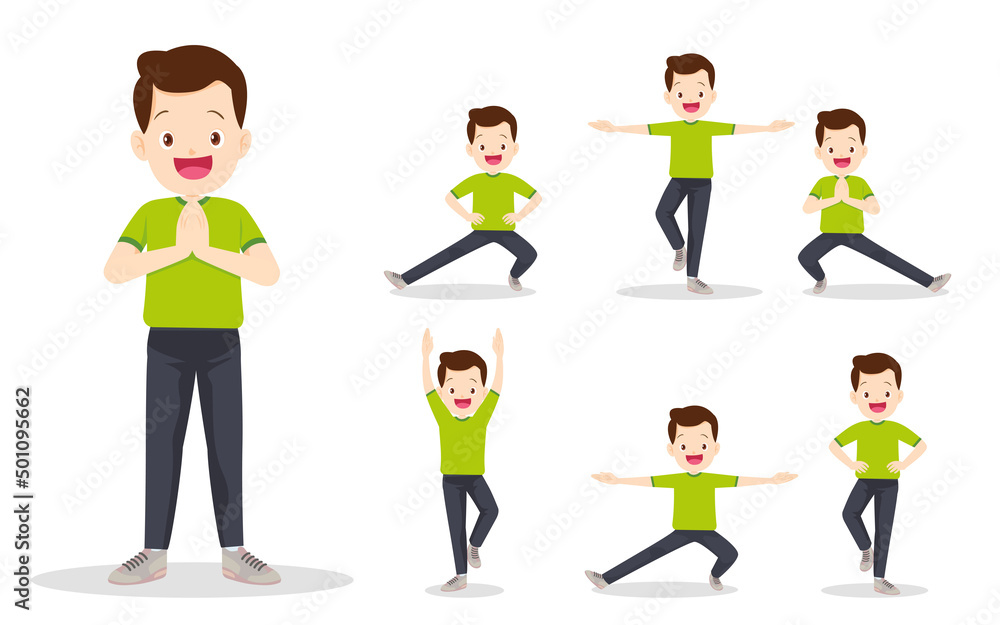 bundle set of man exercise various actions