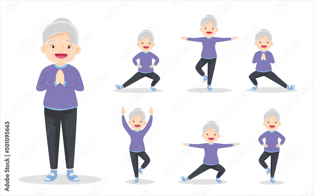 bundle set of smart elderly woman exercise various actions bundle set of smart elderly woman exercise various actions
