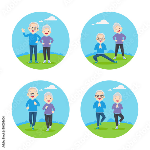 Set of Elderly couple doing exercises 3