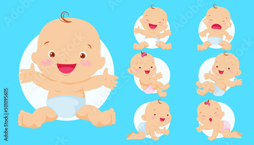 Set with cute little baby boy in diaper