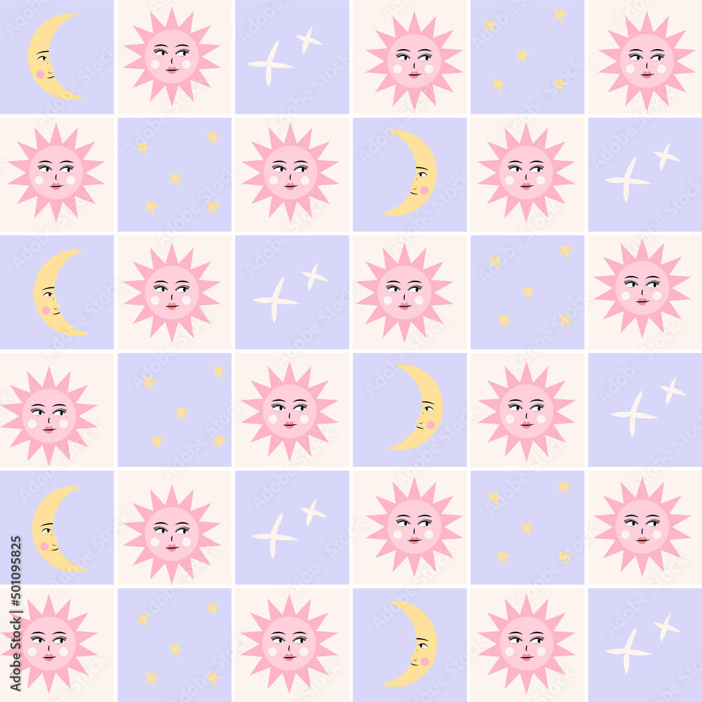 Sun and moon seamless pattern. Cute checkered hand drawn vector background with planets. Perfect for creating fabrics, textiles, wrapping paper, packaging. Sun and moon seamless pattern. Cute checkered hand drawn vector background with planets. Perfect for creating fabrics, textiles, wrapping paper, packaging.